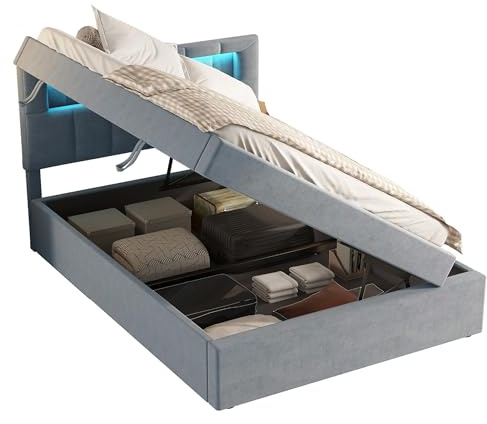 Azkoeesy Polsterbett mit LED-Beleuchtung, 90x200 cm, Bett mit Stauraum Bettkasten - Von Links geöffnet, Einzelbett, Jugendbett, Stauraumbett, Samt-Bezug, Grau