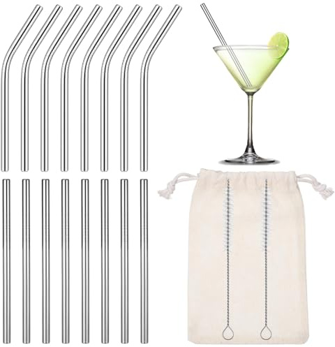 JIEYAO 16 Pack Short Metal Straws Reusable Stainless Steel Cocktail Straws 8 Straight 8 Bent 5 Inch Drinking Straws with 2 Cleaning Brush Drinking Straws for Coffee Cocktails Small Glasses or Cups