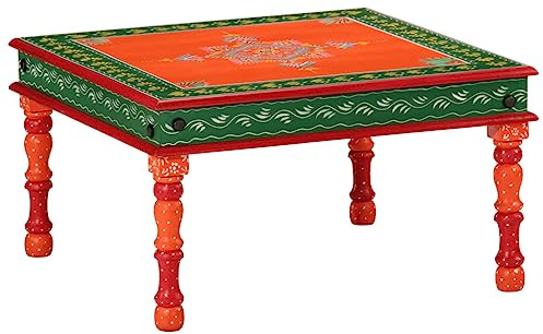 Hoopleep Orange Handbemalt Couchtisch aus Massivholz Mango, 54x54x30cm, Einzigartiger Wohnzimmertisch mit Robuster Tischplatte, Handbemaltes Design für Ihr Zuhause, Langlebig und Stilvoll