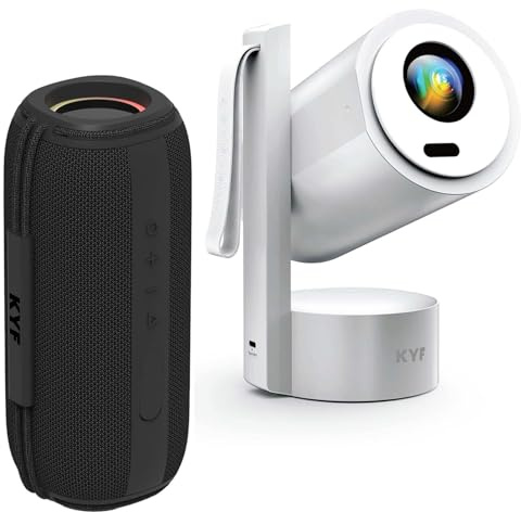 KYF Pack Cinéma Portable, Vidéoprojecteur Full HD Android 13 avec Batterie 5000mAh, Enceinte Bluetooth 60W RGB Étanche IPX6, Projecteur + Haut-Parleur pour Streaming et Divertissement