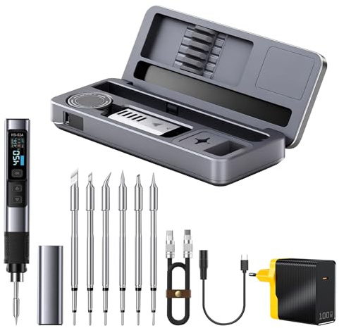 HS-02A Kit de soldador portátil de 100W mini soldador digital inteligente, punta de soldador DC/PD para reparaciones electrónicas, calentamiento rápido de 100 a 450 °C. (6 puntas de soldador)