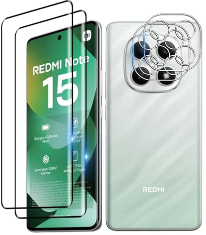 Bihizei Protector de Pantalla para Xiaomi Redmi Note 15 4G, 2 Piezas 3D Protector Cristal Templado + 2 Protector de Lente Cámara, Fácil de Instalar, Anti-Arañazos, 9H Dureza