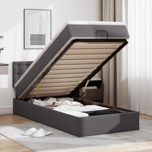 QJBSAVVA 90x200 cm Ottoman-Ledersofa Bett mit Matratze hydraulischer Stauraum Jugendzimmer Gästezimmer einstellbare Höhe Robustes Kunstleder grau