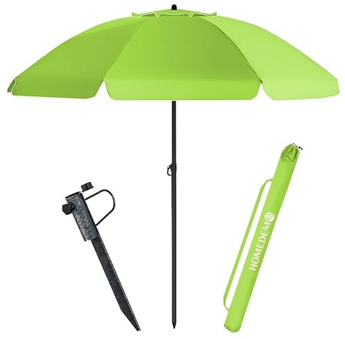 HOMEDEMO Parasol Plage Inclinable avec Revêtement Argenté, Protection Solaire UV50+, avec Pied de parasol à piquer & Housse de Protection, pour Terrasse, Piscine, Marché, 200cm, Vert Pomme