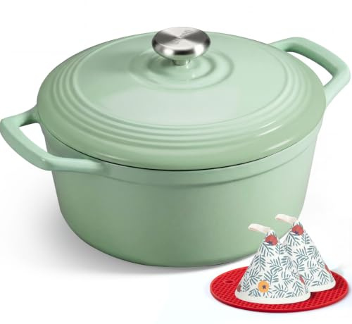 Overmont 24cm/4.2L Enamelled Cast Iron Dutch Oven Pot, Bean green | with Lid,4.5QT, Cookbook& Cotton Potholders -Non-stick Dutch Oven for Braising, Stews, Roasting, Bread Baking