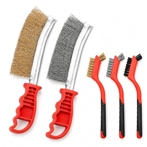 5 Stück Drahtbürsten Set Klein mit Komfort Griff Stahl Messing Nylon Handbürste für Reinigung von Grillrost Entfernung von Rost Öl Farbe Lack Schmutz Werkstatt Autopflege Haushalt