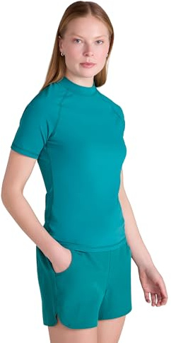 Mountain Warehouse Short Sleeves Womens UV Rash Vest - UPF50+, Ladies Rash Guard, Quick Dry, Flat Seams Top - Spring Summer Swimming, Beach, Under a Wetsuit Dark Teal 14