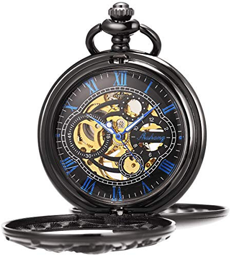 ManChDa Vintage Taschenuhr mit Kette Classic Skeleton Dream Dragon Burlywood Taschenuhr für Herren Damen & Geschenkbox (5.Schwarz mit Blau)