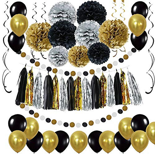 Schwarz Gold Party Deko Set - DIY Pompoms Blumen, Quaste Girlande, Luftballons, Polka Dot Papier Girlande, Spiral Girlanden, für Abschlussfeier und Ruhestandsfeierdekor