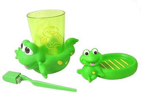 WORKING HOUSE (Baño / Accesorios Plástico) Conjunto Vaso Cepillo Dientes + JABONERA Infantil Animal Rana Verde