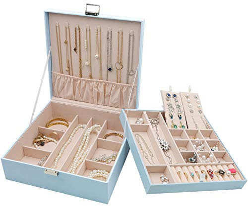 ProCase Schmuckschatulle Damen Leder, Schmuckkästchen mit 2 Ebenen Schmuckkasten Schmuckkoffer Schmuckaufbewahrung Schmuckbox Jewelry Box für Ringe, Ohrringe, Halsketten, Armbänder -Blau