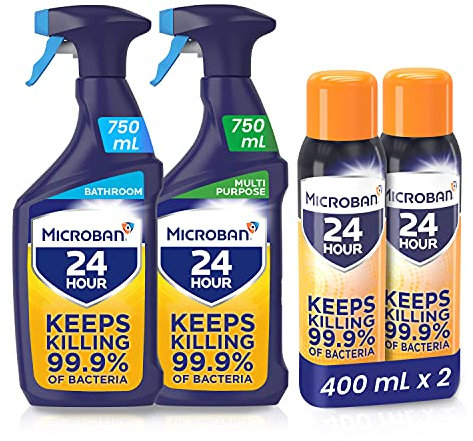 Microban 24 Antibacterial Cleaning Bundle: Bathroom Surface Cleaner Spray (750 ml) + Multi Purpose Surface Cleaning Spray (750 ml) + Aerosol Disinfectant Spray (400 ml x 2)