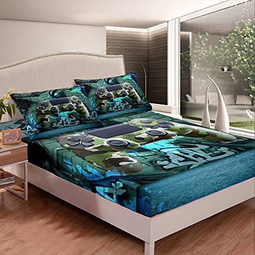 Teens Gamepad Spannbettlaken 90x200cm Camouflage Game Console Fashion Spannbetttuch für Kinder Jungen Mädchen Erwachsene Hip Hop Graffiti Spannbetttuch Bettlaken Set Ultra weich 2St