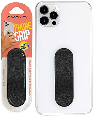 Amayo Grip - Das Original! Smartphone Fingerhalter - Handy Fingerhalterung Phone Grip Handy Halter Ständer Griff - Handy Halterung Handy Ring (Leder Serie - Schwarz)
