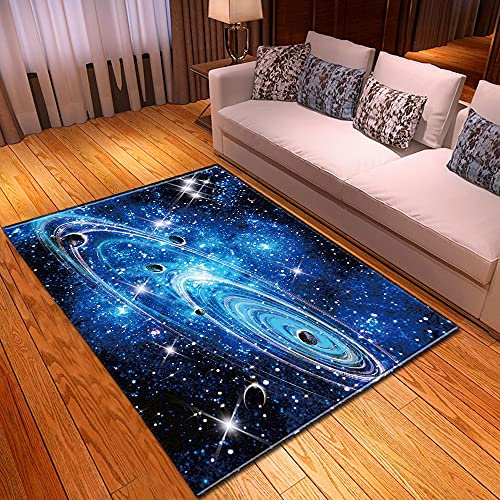 Morbuy Teppich Wohnzimmer Flanell Weich Kurzflor Teppiches, 3D Planetendruck, In- & Outdoor Teppich Waschbar rutschfest Krabbelmatte für Kinderzimmer Schlafzimmer (80x120cm,Blaue Galaxie)