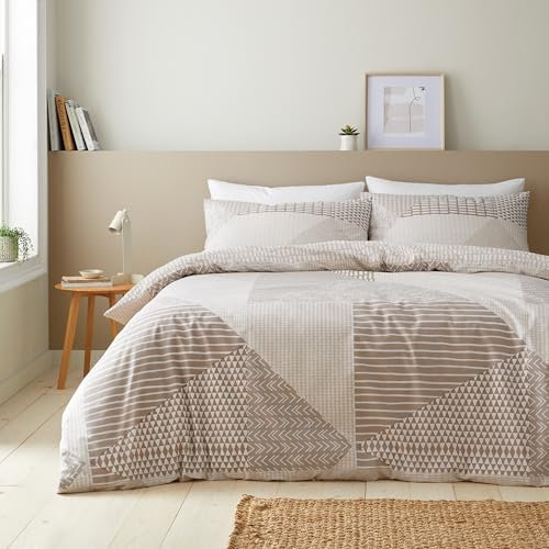 Catherine Lansfield Larsson Geo Reversible Double Duvet Cover Set with Pillowcase Natural