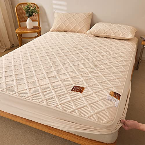 YUDEYU Gesteppte Schicht Spannbettuch Roher Baumwollstoff Tagesdecke Matratzenschoner Enthält pflanzliche Ballaststoffe gut zum schlafen Spann bettlaken Lakens(Light Coffee,90x200 cm+30cm)