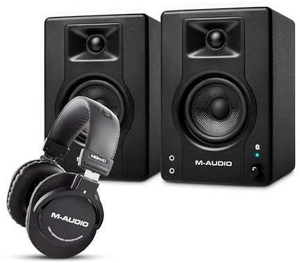 M-AUDIO BX3 Pair Bluetooth Studio Monitors Bundle with Headphones for Studio Recording, Music Production, Podcasting, Streaming