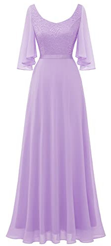 DRESSTELLS Damen Abendkleid Lang Elegant für Hochzeit Chiffon Brautjungfernkleider Bodenlang Cocktailkleid Große Größe Spitzen Ballkleid Lavender 2XL