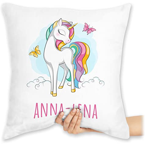 Kissen 40x40 Zierkissen - Einhorn mit Name personalisiert Geschenk Unicorn I Einhörner Kinder Geschenk - 40 x 40 cm - Weiß - einhornkissen Unicorns personlisierte Einhorn-Kissen einhörnern