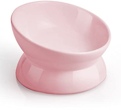 LoeJan Cuenco elevado de comida para gatos, cuenco de agua de cerámica elevado e inclinado de 5 onzas, anti vómitos y protege las espinas de las mascotas, platos para gatos para perros pequeños, gatos