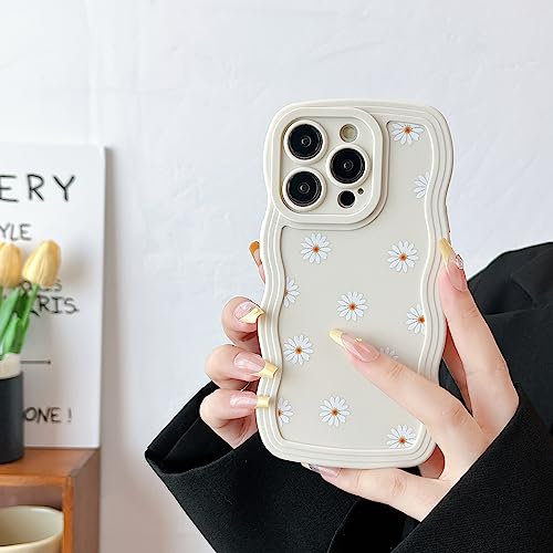 ZTOFERA Case for iPhone 14 Pro Max, Cute Curly Wave Frame Daisy Pattern Liquid Silicone Case, Flexible Shockproof Protective Bumper Cover for iPhone 14 Pro Max 6.7 - Beige