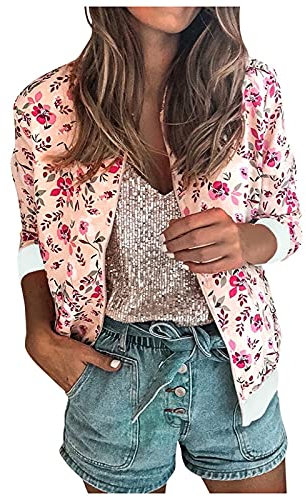 WZYYDS Bombers Femmes Veste Chic Et Elegant Court Blouson Bombers Femme Pas Cher Printemps Automne Fleur Imprimé Léger Sweatshirt Casual Vintage Outwear Zippé Veste Randonnée Veste Pas Cher A La Mode