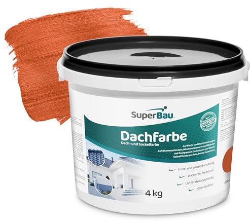 SuperBau Dachfarbe Ziegelrot (4 kg ca.10m²) Sockelfarbe WASSERDICHT, Fassadenfarbe für Außen, Dachbeschichtung für Blechdach, Bitumen, Dachpappe, Schindeln, Putz