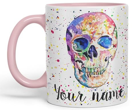 Vixar Tasse en céramique colorée avec votre texte - Motif tête de mort - 330 ml - Pour le bureau, le thé, le café (rose)