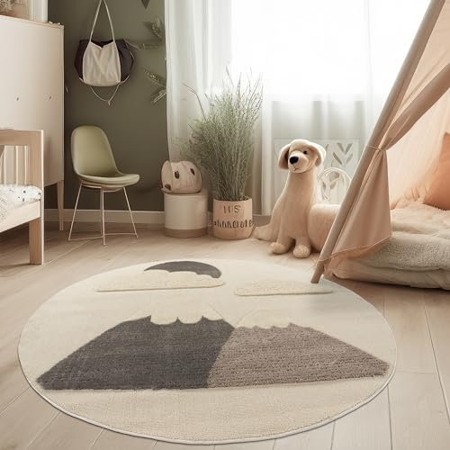 Paco Home Kinderzimmer Moderner Kinderteppich Robuster Spielteppich 3D-Effekt Naturtöne Weiche Schlingenstruktur Pflegeleichtes Berg-Motiv, Grösse:120 cm Rund, Farbe:Creme 2
