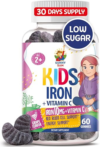 SUNNY SAM Iron Gummies for Kids & Teens - 10mg Iron Vitamins with Vitamin C - Low-Sugar Chewable Gummy Supplement for Immune Support, Supports Red Blood Cell Production for Children & Teen Girls