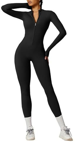 Litthing Women Yoga Jumpsuit Sports Romper Long Sleeve Unitard Stretchy Playsuit Zip Up Workout Outfit Slim Fit One Piece Smooth Touch Bodysuit Fitness Sportswear Daily Wear