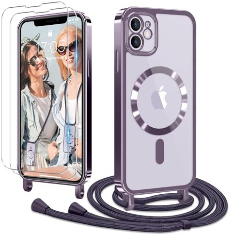 Ethanger Handyband für iPhone 11 Hülle mit Band + 2 Stück Glas Schutzfolie Transparent Silikon Handyhülle Magnetische Schutzhülle Case zum Kordel Abnehmbar für iPhone 11 Lila