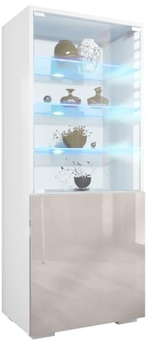 Vladon Vitrine Granada, Made in Germany, Vitrinenschrank mit Glastür und Glaseinsatz inkl. LED, Weiß matt/Sandgrau Hochglanz (50 x 122,5 x 34,5 cm)