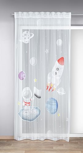 KAMACA Gardine mit verdeckten Schlaufen und Gardinenband Kinderzimmer Voile Weiss transparent Fertiggardine mit wundervollem Motiv Kindergardine HxB 245 x 140 cm (Astronaut)