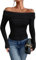 TrendiMax Womens Long Sleeve Off Shoulder Sexy Tops Ruched Elegant Shirts Knit Slim Fitted Blouse T Shirt Black