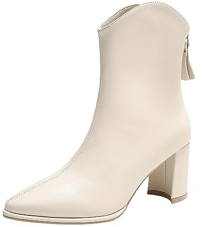 Moda Donna In Pelle Artificiale Autunno Suola Spessa Tacchi Quadrati Cerniera Stivaletti Corte A Punta Scarpe Da Donna Stivali Vintage, Beige, 39.5 EU