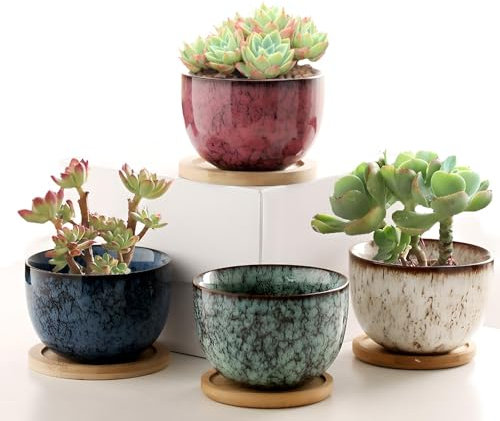 XUDREZ Ceramic Succulent Plant Pot Set of 4,Small Plant Pots Indoor with Tray,Mini Colourful Set Cactus Succulent Pots Home decorations Décor Style Three