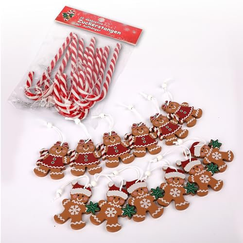 MiCasa SuCasa Weihnachtsdeko-Anhänger Set, 12 Lebkuchenmann-Anhänger aus Holz (6x5cm) + 10 Zuckerstangen (12,5cm), mit Aufhängschnur, in rustikaler Holzbox, charmante Weihnachtsbaum-Deko