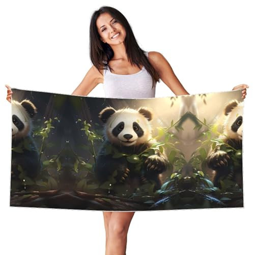 GaJher Samt-Strandtuch mit süßem Panda-Pflanzendruck, für Zuhause, Reisen, Pool, Bad, Hotel und Sonnenbaden, Weiß / silberfarben