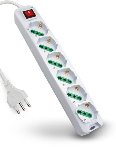 Mach Power Ciabatta Multipresa Elettrica con 6 Posti Polivalenti ITA 10/16A e Schuko con Interruttore Generale, Cavo da 1,5m, 250V/3500W, Colore Bianco (6 Posti)