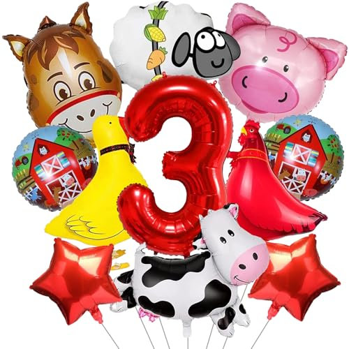 Bauernhof Tiere Folienballon, 11 Stück Farm Luftballons Kindergeburtstag, Helium Ballons Geburtstag Deko Niedlich Tier Folienballons für Bauernhof Themenparty Dekorationen (3 Jahre)