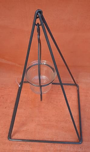 Portacandela in Ferro Battuto a Piramide, Design Triangolare con Supporto in Vetro, Grigio