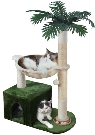 Fantasreen Kratzbaum 95cm mit Metall-Hängematte & Kugelbahn, grün | Katzenturm mit großer Metall-Hängematte, Kugelbahn und Bouncy Ball. Inklusive Katzenhaus. Für Wohnungskatzen. Grün-Weiß.