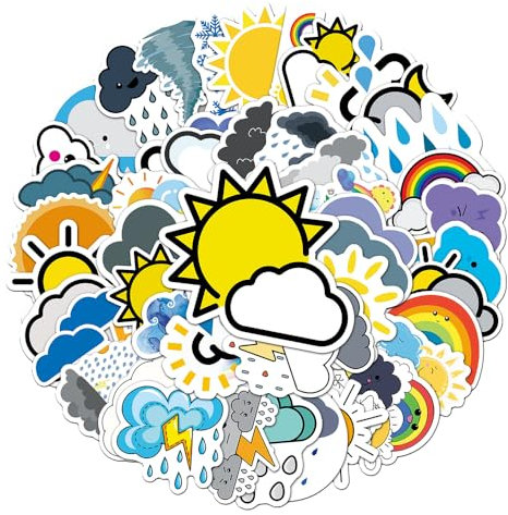 Weather Self-Adhesive Stickers for Kids Teens Boys Girls, Cartoon Vinyl Waterproof Stickers for Laptop Water Bottle Tablet Scrapbook Cup Phone Car Notebook Bike, Cute Decals Pack[Weather - 50Pcs]