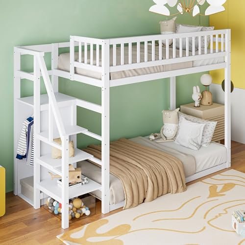 Kinderbett Etagenbett 90x200, Hochbett für 2 Kinder, Holzbett mit Kleiderschrank&Aufbewahrungsleiter, Bettgestell Stockbett Familienbett mit Rausfallschutz&Lattenrost, Kiefernholz, Ohne Matratze,Weiß