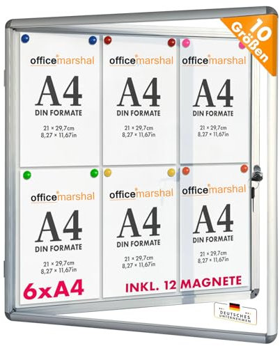 OfficeMarshal Vitrine 6 x A4 avec 12 aimants - Panneau arrière magnétique et inscriptible - Avec cadre en aluminium