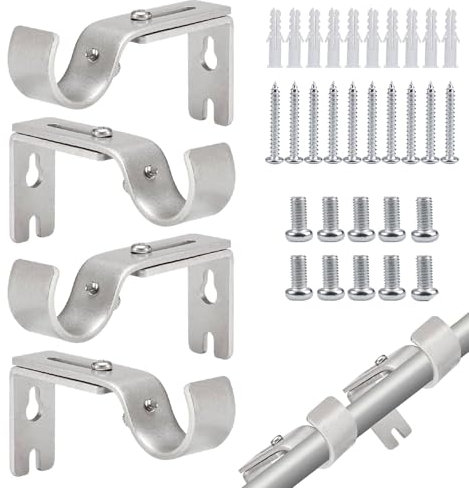 4 Stück Halterung für Gardinenstange mit Schrauben für 20-26 mm Gardinenstangen, Gardinenstange Halterung Verstellbare Länge und Winkel Verstellbare Wandhalterung für Hause Büro Schlafzimmer (Silbrig)