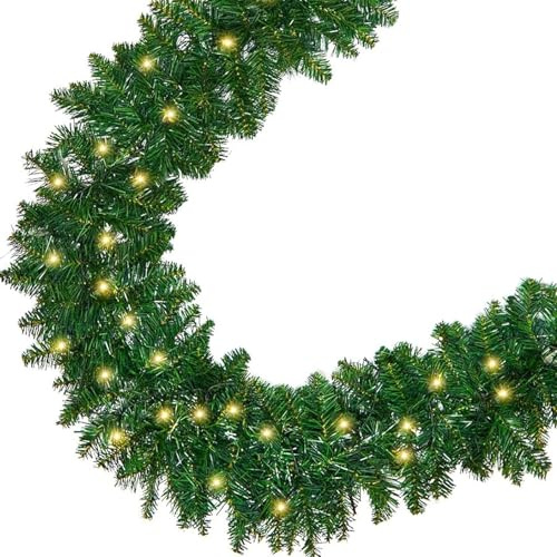 2.7 m Tannengirlande mit Beleuchtung, Weihnachtsgirlande mit Beleuchtung, Künstliche Girlande Weihnachten Beleuchtet für Treppengeländer Innen Deko