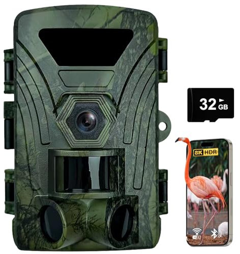 YOVOCA Camara Fototrampeo Caza WiFi, 8K 60MP HD Cámara de Caza con Tarjeta 32G, 120° Cámara Trampeo Vision Nocturna 2,0 LCD IP66 para Monitoreo de Vida Silvestre y Vigilancia del Hogar